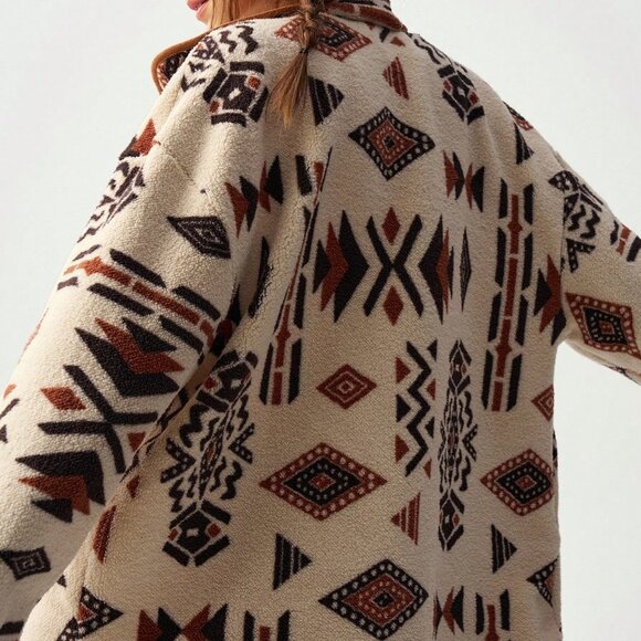 Multicolor Casual Women's Geometric Print Reversible Fleece Jacket - Picture 4 of 8